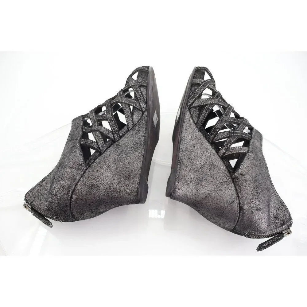 Eileen Fisher Womens Oodle Sandal 6 Open Toe Bootie Black Leather Wedge Caged